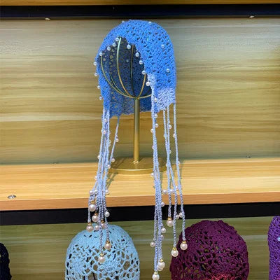 Japanese Spring Summer Handmade Crochet Knitted Hat Hollow Retro Fringed Pearl Sunscreen Hat Fashion Breathable Court Beanie Cap