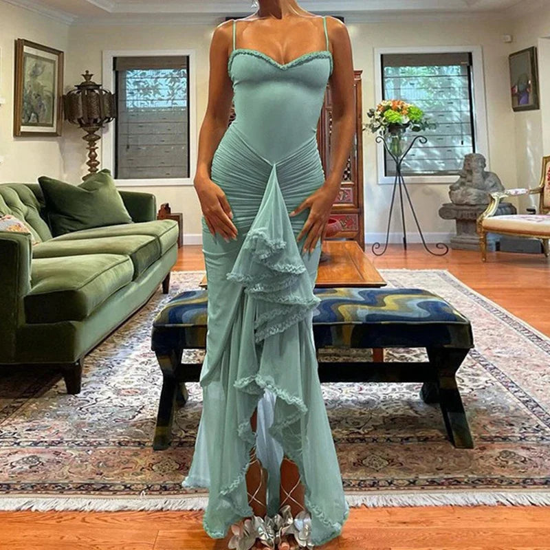 New Summer Sexy Garden Party Solid Women's Dress Elegant Chest Wrap Mesh Patchwork Long Dress Casual Suspender Beach Dress Mujer