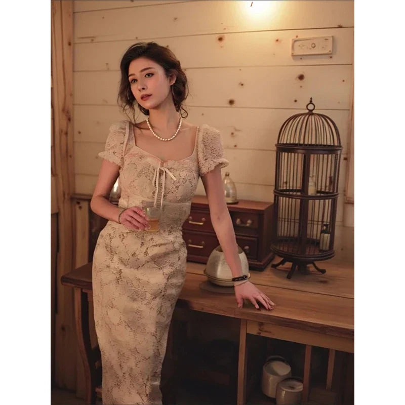 Vintage Midi Dress Women Elegant Party Prom Lace Square Collar Dresses Summer Korean Puff Short Sleeve Bodycon Design Vestidos