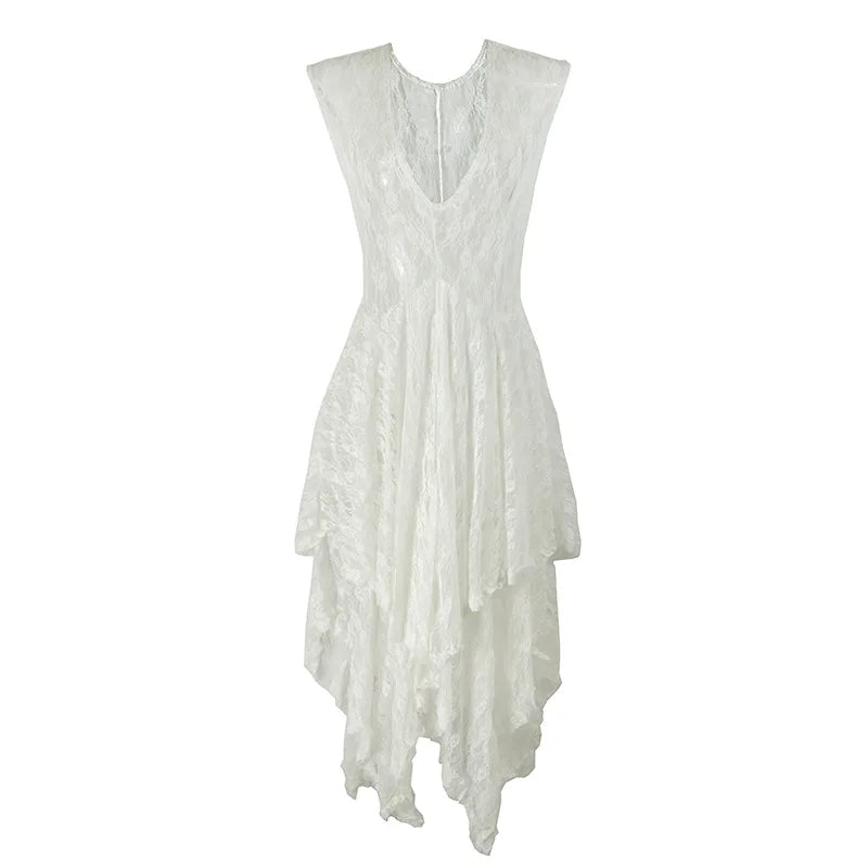 Y2k Grunge See-Through Lace Floral Sheer Tank Dress Women's Sleeveless V Neck Cover-up Long Dress Streetwear Party Dress