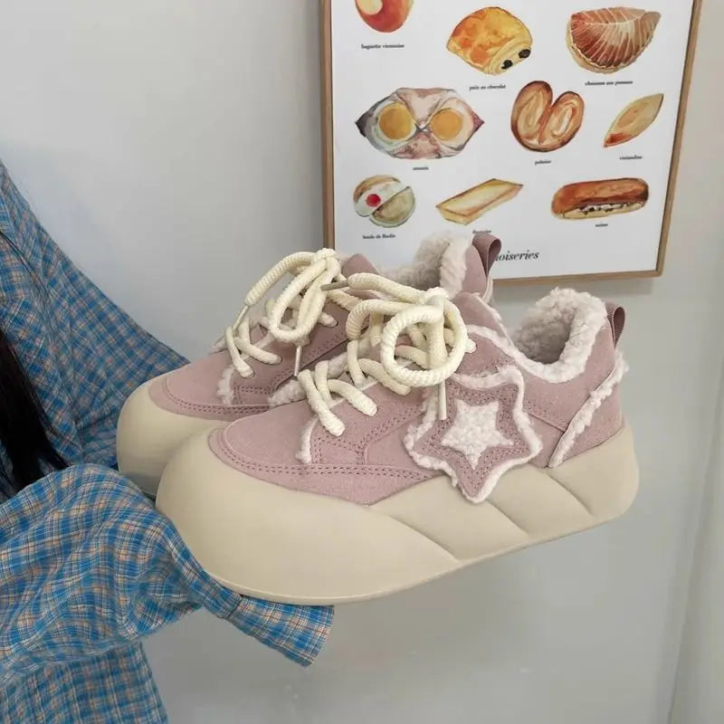 Women Patchwork Sneakers Cute Lilac Star Shoes Thick Heel Warm Fluffy Sneakers Casual Running Platform Y2K Kawaii Sports Shoes