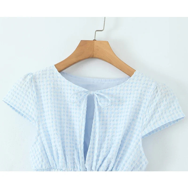 Light Blue Plaid Slim Fit Bud Mini Dress Women Short Sleeve O Neck Casual Holiday Summer Dresses Female 2026 Robe