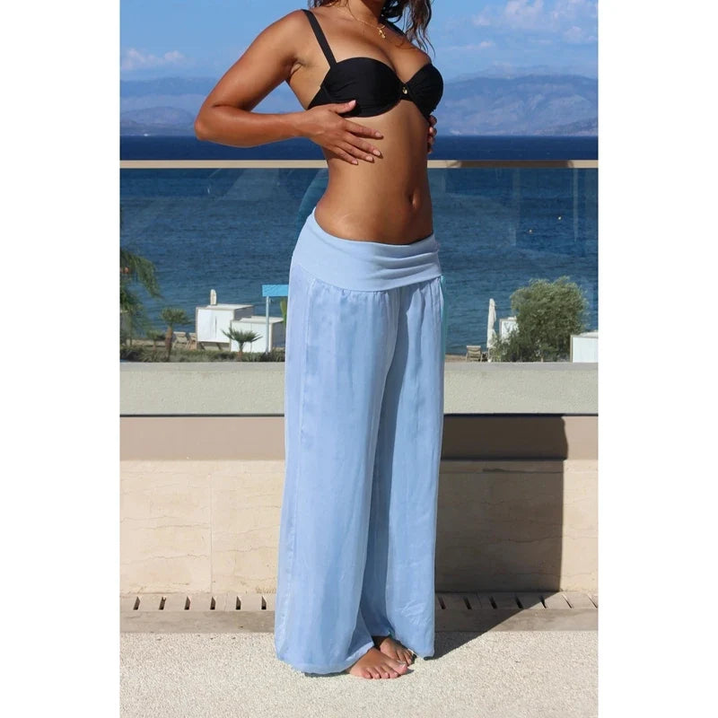 Womens Wide Leg Long Pants Elastic High Rise Fold Over Waist Trousers Loose Fit Casual Palazzo Pants Street Beachwear