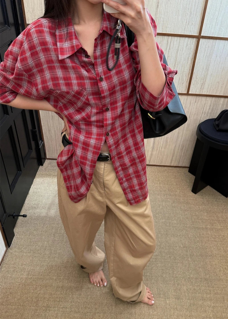 Women's Oversized Check Pocket Detail Shirt