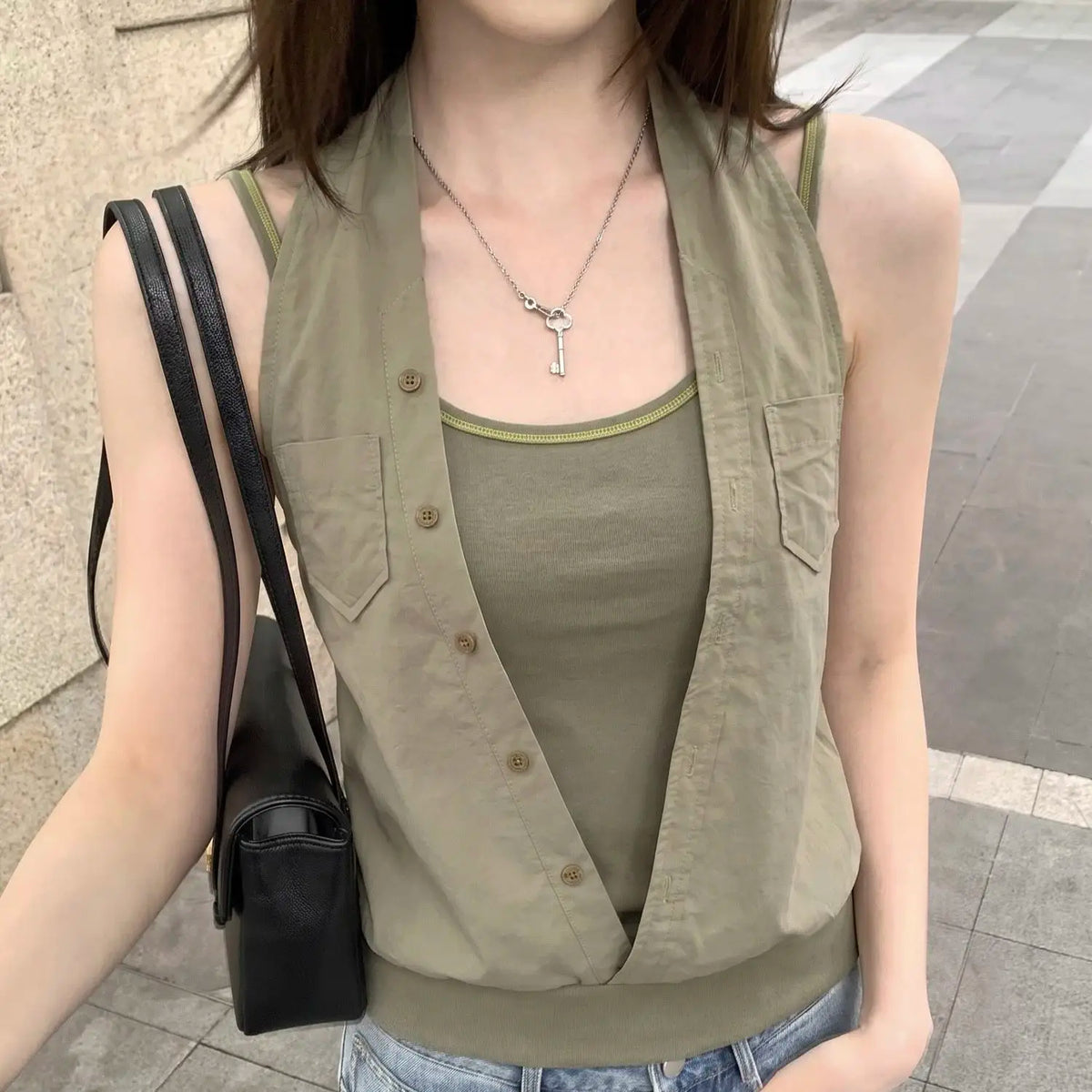 Fake Two Pieces Camisole Vest for Women Casual Niche Sleeveless Top