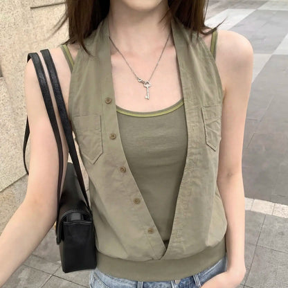 Fake Two Pieces Camisole Vest for Women Casual Niche Sleeveless Top