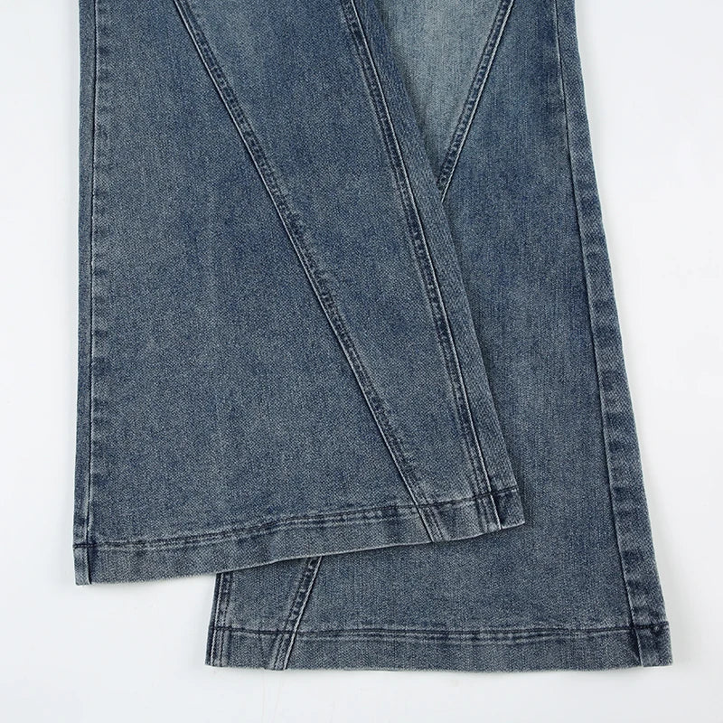 Blue Low Rise Flared Jeans Streetwear y2k Baggy Patchwork Denim Pants 90s Aesthetic Mom Jeans Korean Style Casual Pants