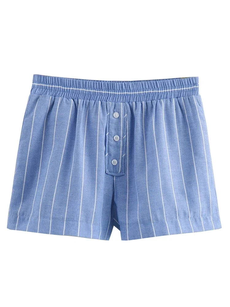 Striped Casual Shorts Set Outfits 2 Pcs Women Summer Spring Set Back Bowknot Buttons Decor Loose Beach Suit Female 2024