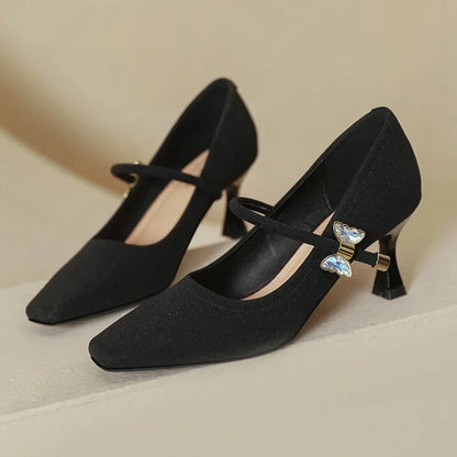 Fashion Elegant High Heels for Women Square Toe Thin Heels Office Shoes Fashion Shallow Diamond Bow Mary Jane Shoes Women Pumps