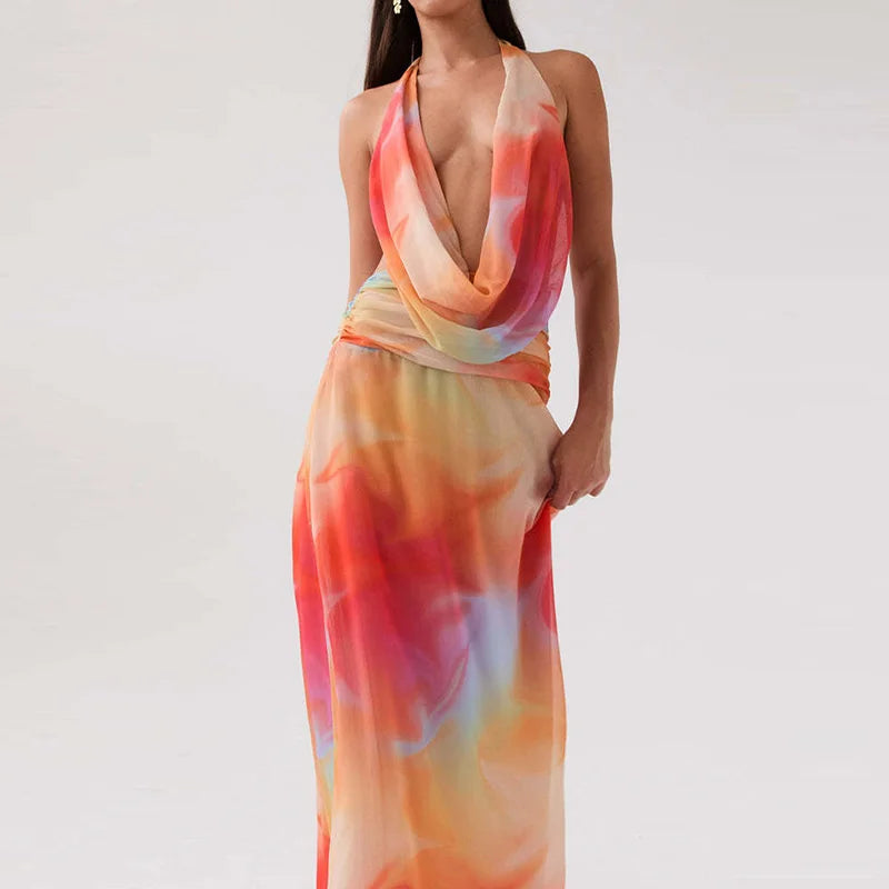 Sexy Sleeveless Printed Swinging Collar Tops&Half Skirts Sets Elegant Backless Vest High Waisted Skirts 2PC Sets Summer Outfits