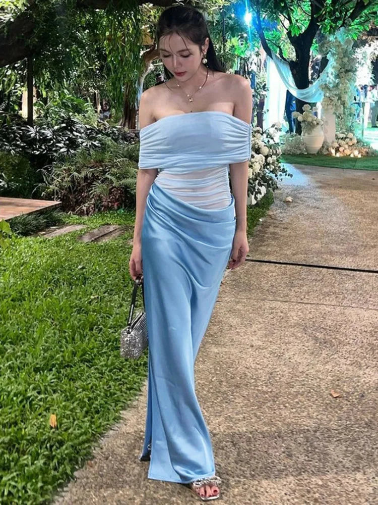 Off-Shoulder Mesh Ruched Bodice Satin Wrap Slit Maxi Dress