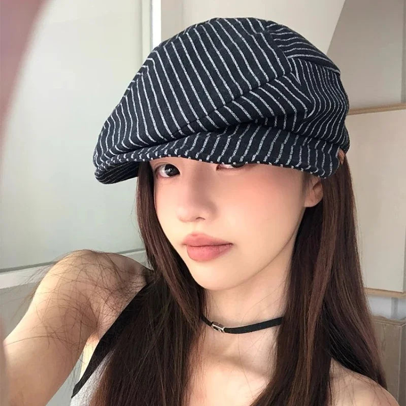 Japanese Classic Color Matching Striped Newsboy Hats Women Summer Breathable Versatile Show Face Small Retro Literary Berets