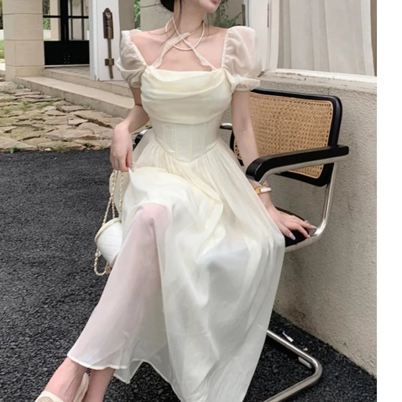 Summer Women Halter Midi Dress Elegant Female Chiffon Square Neck Party One Pieces Dresses French Solid New Vestidos Robe