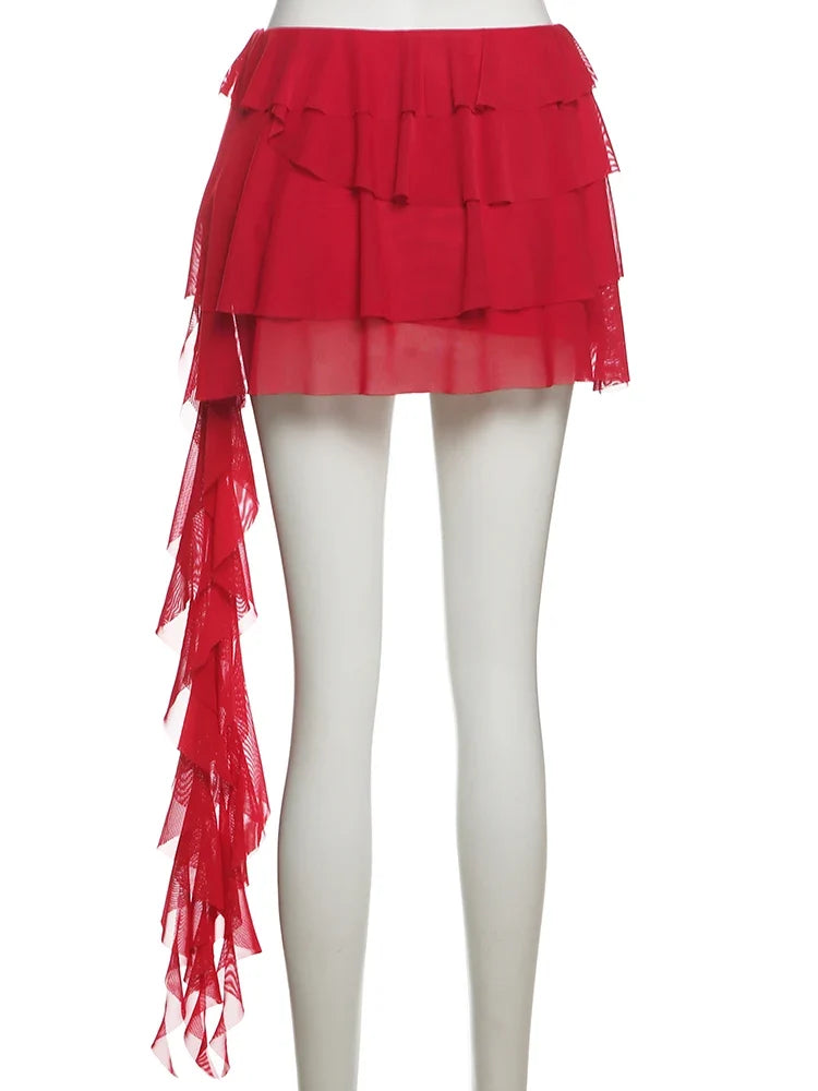 Chic Sexy 2-Piece Set Women Halter v-Neck Backless Folds Lace Vest+Tierred Tassels Butterfly Skirts Matching Party Suits