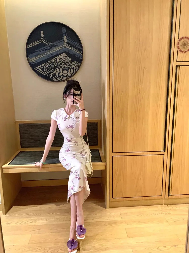 Woman Dress Sexy Peter Pan Collar Floral Printed Slim Vintage Elegant Summer Fashion Temperament Party Dresses Female
