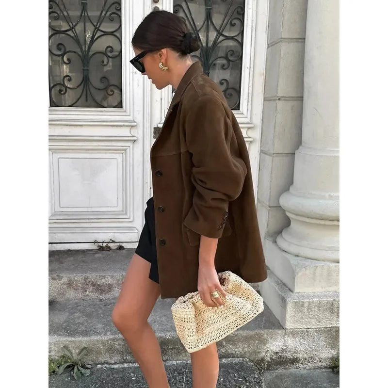 Vintage Lapel Pocket Suede Leather Jacket Women Fashion Loose Single Button Oversize Brown Coats Female Street Chic Clothes