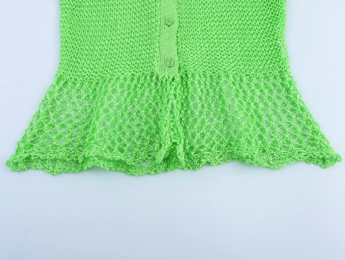 Summer new style women's fashion temperament lapel short sleeve hollow commuting knitted sweater jacket beach vacation
