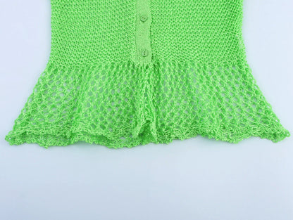 Summer new style women's fashion temperament lapel short sleeve hollow commuting knitted sweater jacket beach vacation