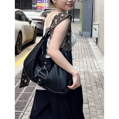Y2k Punk Black Large Capacity Tote Bag Women Vintage Commuting Korean Trendy Shoulder Bag Motorcycle Designer Crossbody Bag