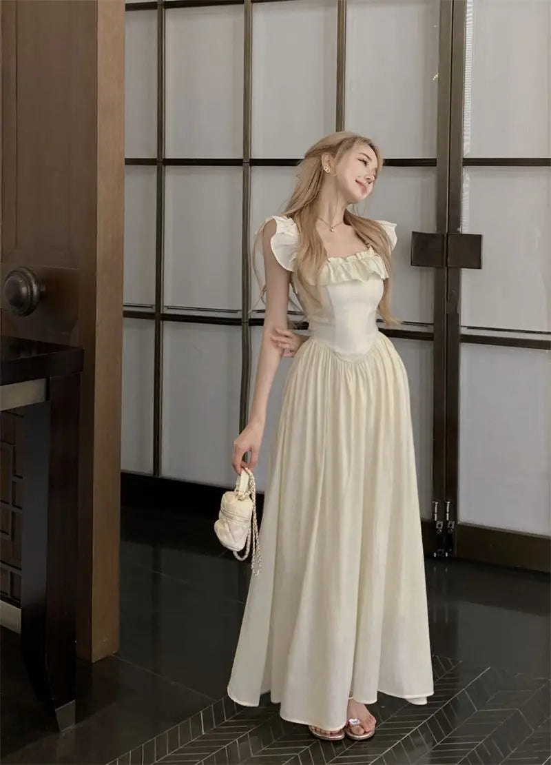 Sweet Gentle Square Neck Dress Summer New Temperament Waist-sharp Mid-length Dress