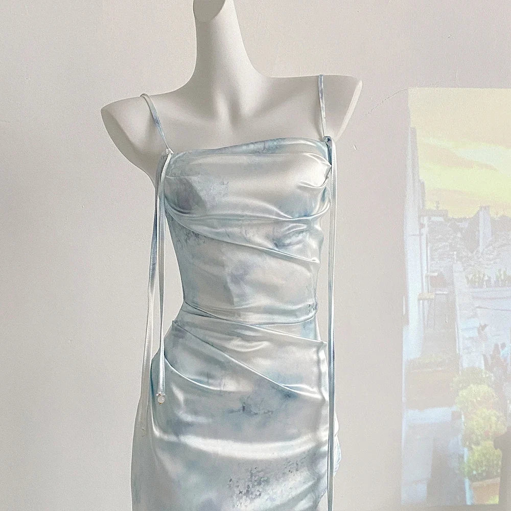 New Chinese Blue Satin Printed Fishtail Vinage Dress for Women Summer Elegance High end Slimming Wrap Hip Long Suspender Dress