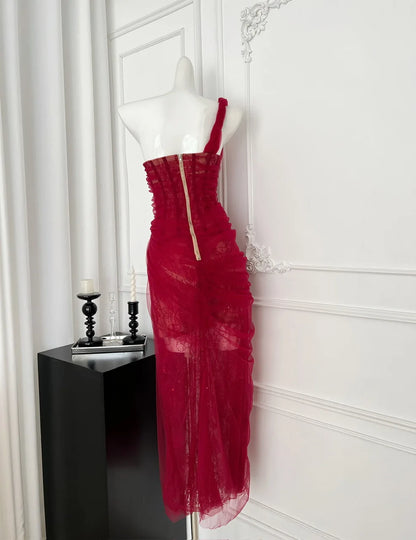 Women Vintage Red Sexy Strapless Sleeveless Lace Mesh Maxi Dress Elegant Christmas Evening Slim Long Dress Vestidos