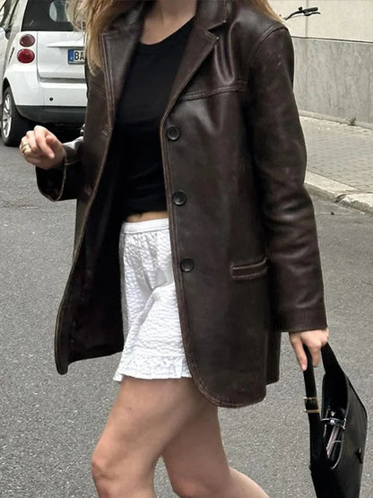 Women's PU Leather Jackets Casual Turn Down Collar Long Sleeve Single Breasted Pockets Loose Female Motorcycle Coat Lady Outwear