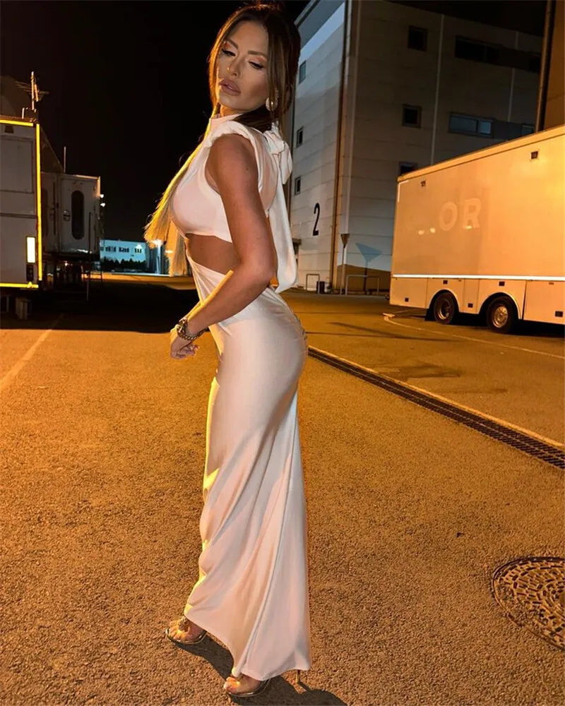 Mock Neck Structured Shoulder Waist Cutout Satin Maxi Gown
