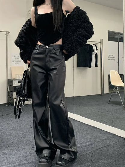 Casual Slim Faux PU Pants Women Chic Slim Autumn Office Lady High Street Fashion New Daily Fashion Loose