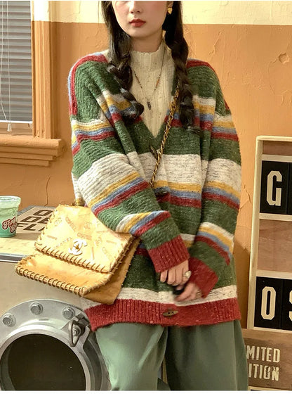 Striped Sweater Jacket Autumn New Style Loose Slimming Contrasting Long Sleeved Knitted Sweater