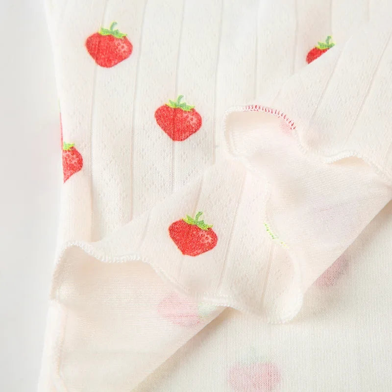 Strawberry Print Eyelet Two-piece Set Women Summer Sleeveless Slim Camis+Drawstring Pants Sets Home Cozy Sweet Casual Pajamas