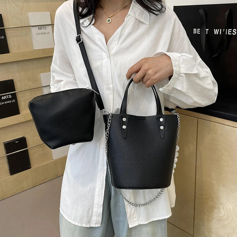 2 Sets Bucket Tote Bags PU Leather Shoulder Crossbody Bags For Women Fashion Large Travel Bag Designer Luxury Lady Underarm Bag