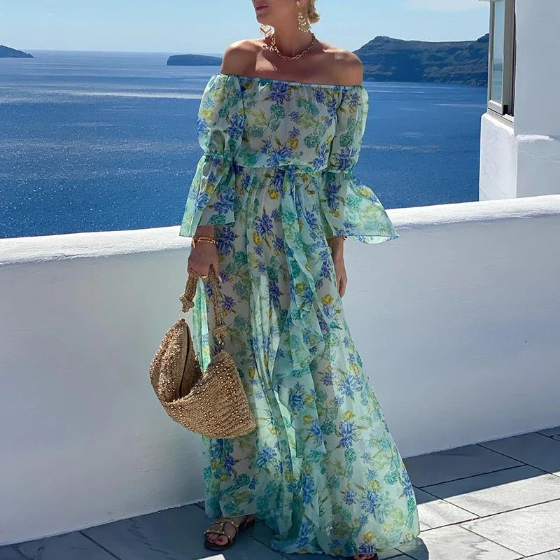 Elegant Draped Pleat Maxi Dress Elegant Bohe Flare Sleeve Female Dress Lady One Shoulder Lace-up Chiffon Vocation Dress