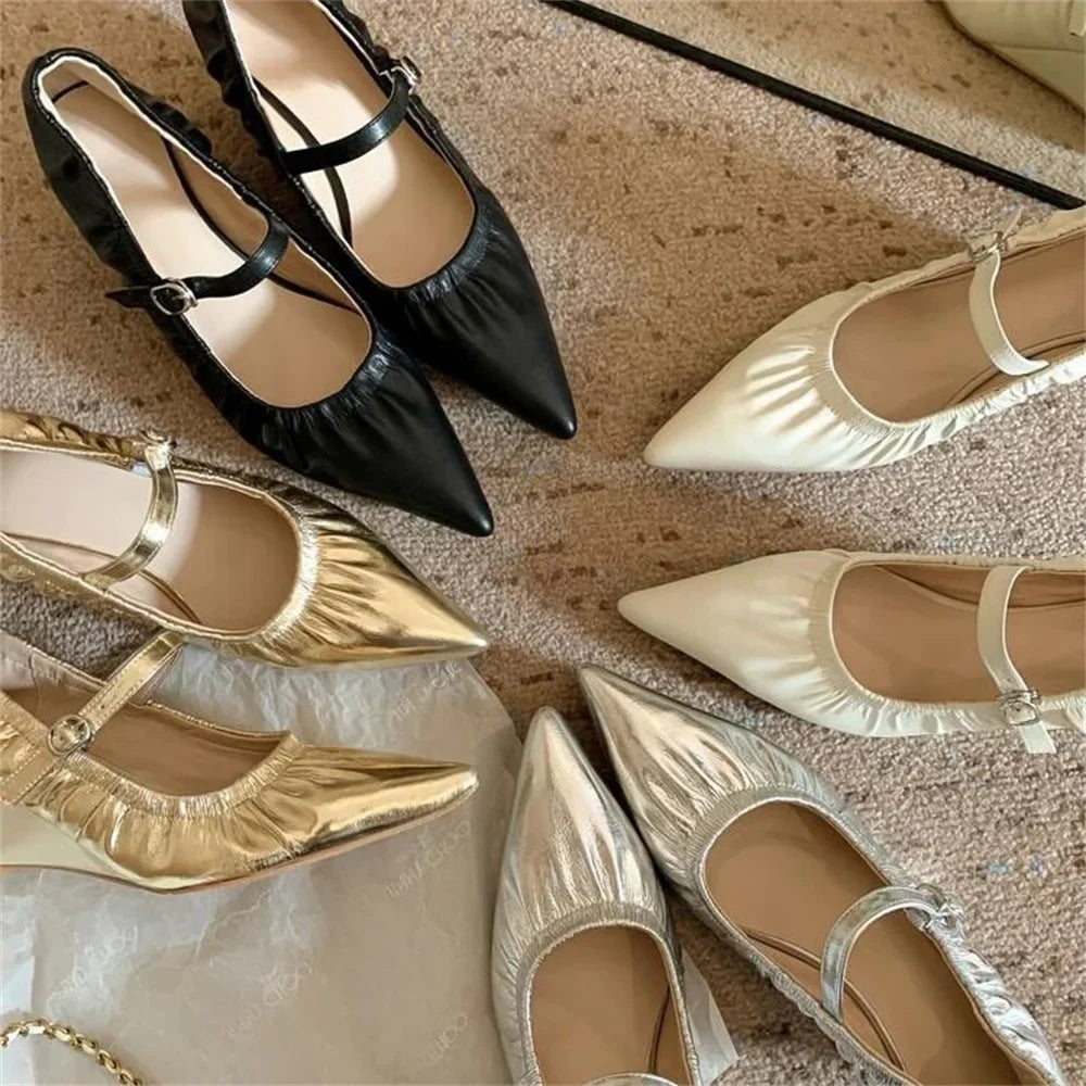 Metal Colors Zapatos Mujer 2024 Tendencia Pleated Shoes For Woman Wedges Heels Heeled Soft Leather Sandals Tacones Metal Buckle