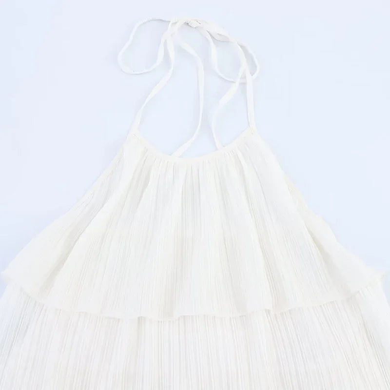 Sexy Halter Cascading Ruffles Mini Dress Women Solid Sleeveless Backless Slim Cake Dresses 2025 Summer Lady Party Beach Robes