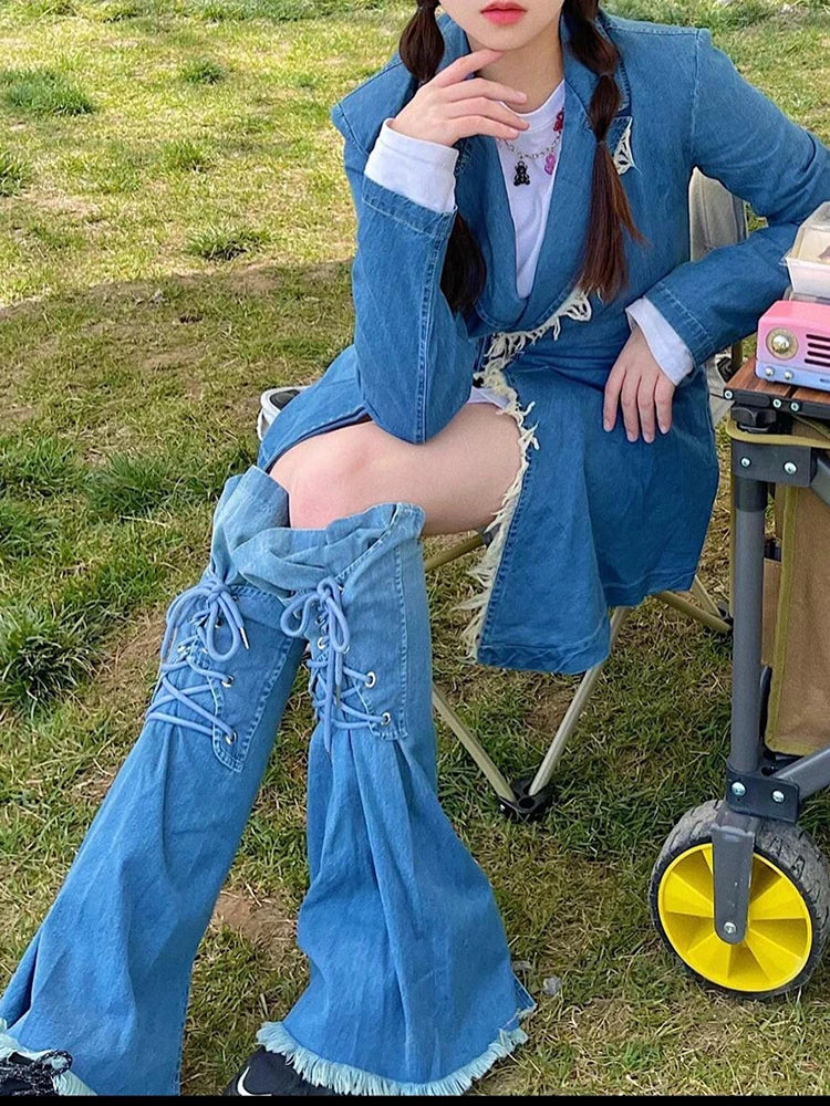 Plain Washed Strappy Women Flare Leg Warmers Denim Gradient Boots Cover Frayed Knee Long Socks Casual Vintage Streetwear