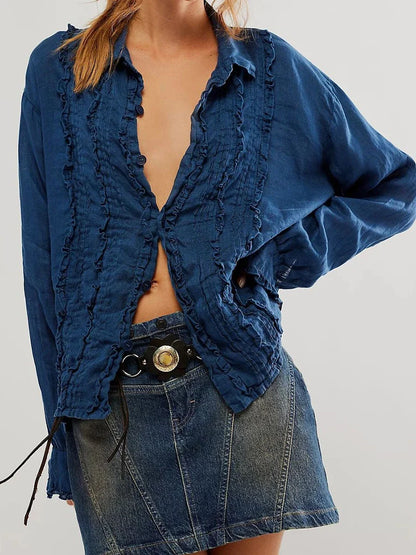 Fungus Trim Solid Shirts For Women Spring New Single Breasted Lapel Collar Blouses Simple Casual Fashion Long Sleeve Blouse Lady