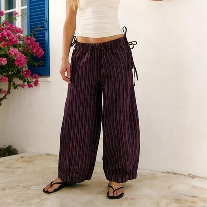 Women Drawstring Striped Wide Leg Pants Summer Causal Barrel Loose Elastic Low Waist Palazzo Harem Pants Trousers