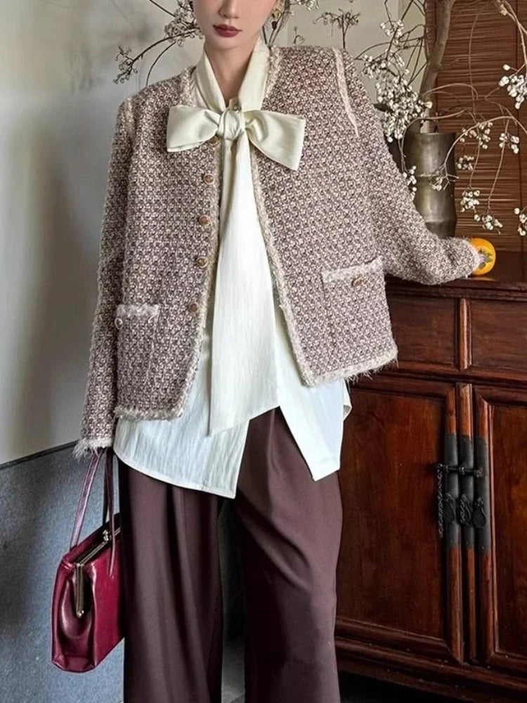 Elegant Beige Blouse Women Chic Bow Tie Long Sleeve Shirt Female Oversized Office Ladies Fashion Vintage Spring Clothes