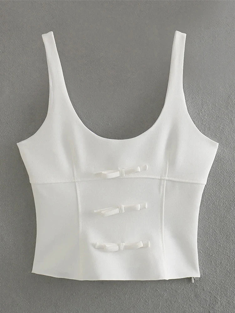 Bow Strap Slim Lace Up Women White Tank Top Fashion Solid Slim Female Crop Tops 2024 Spring Summer Street Lady Shirts Blouses