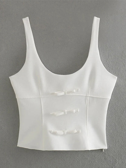 Bow Strap Slim Lace Up Women White Tank Top Fashion Solid Slim Female Crop Tops 2024 Spring Summer Street Lady Shirts Blouses