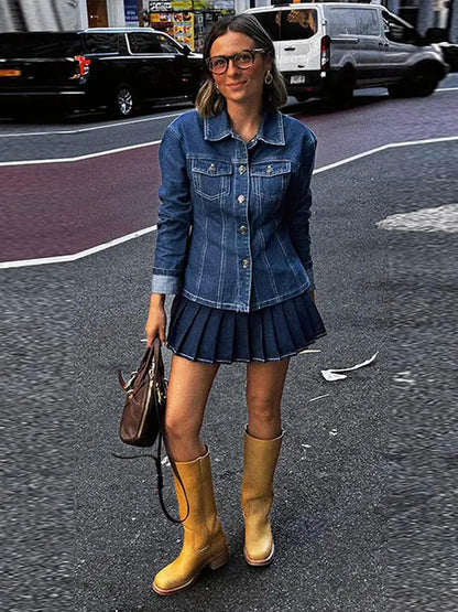 Denim Jacket Mini Skirt Woman's Set Casual Loose Lapel Button Jackets High Waist Short Skirts Sets Vintage Lady Chic Streetwear