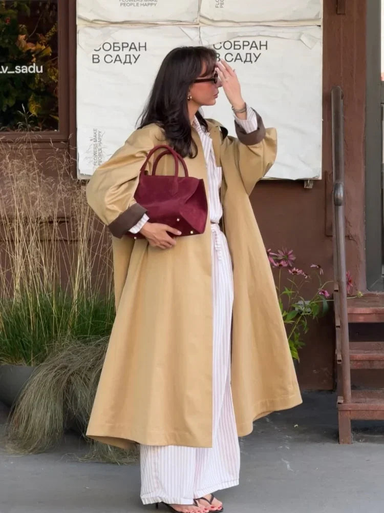 Women Khaki Lapel Long Windbreaker Fashion Single Breasted Full Sleeve Causal Jacket New Autumn Lady High Street Outerwear