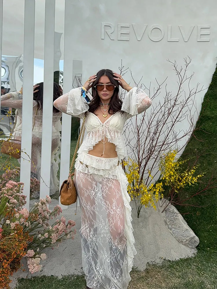 Sexy Ruffle Top Lace Skirt Set Women Loose Lace Up Flare Sleeve Tops See Through Long Skirts 2025 Summer Lady Party Solid Suits