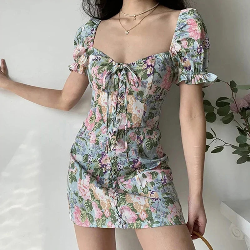 Woman's Hotsweet Dresses Lolita Style A-LINE slash neck Petal Sleeve Miniskirt Printing Slim female clothing