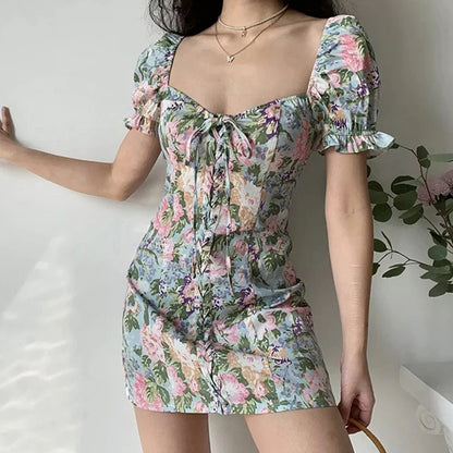 Woman's Hotsweet Dresses Lolita Style A-LINE slash neck Petal Sleeve Miniskirt Printing Slim female clothing
