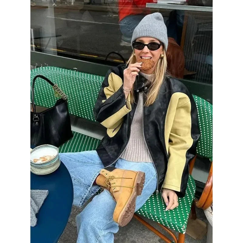Vintage Patchwork Women's Leather Jacket Loose O-neck Long Sleeve Zipper Moto Biker Coats Autumn Lady Contrast Outwear Y2K