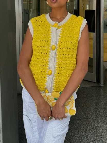 Women's Casual Solid Color Commuter Vest Top New Single-Breasted Short Knitted Sweater Vest Round Neck Sleeveless Top