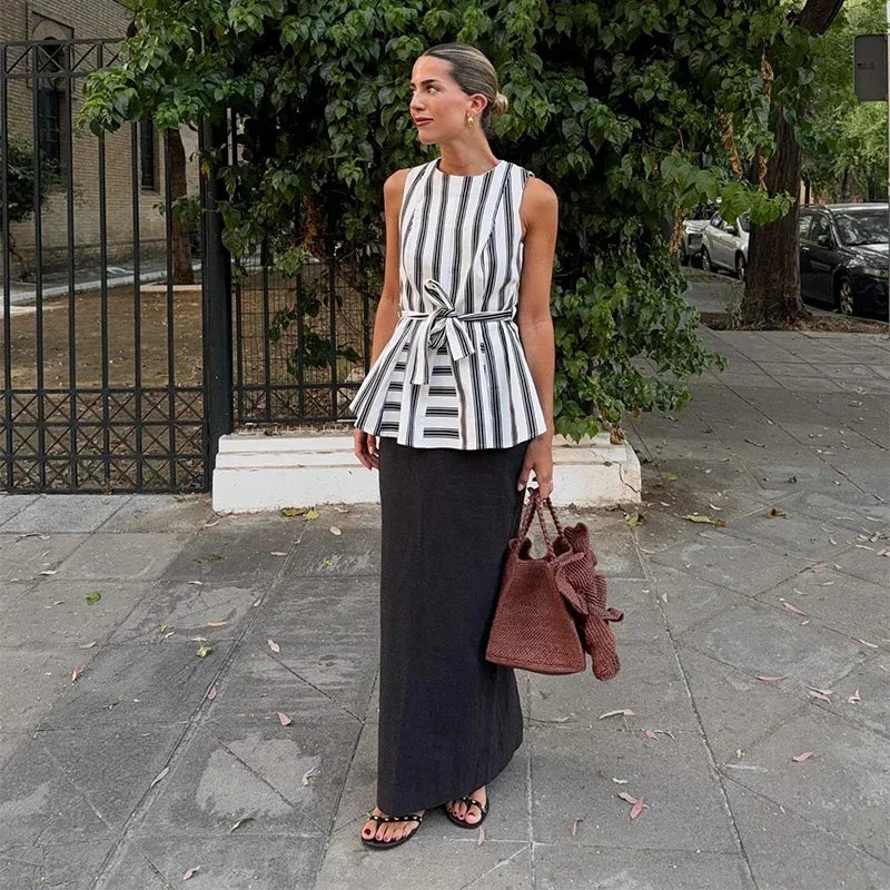 Casual Striped Vest Skirt Suits Women O-neck Sleeveless Bow Tops Pleated Long Skirts 2025 Summer Chic Office Lady Sets New