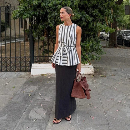 Casual Striped Vest Skirt Suits Women O-neck Sleeveless Bow Tops Pleated Long Skirts 2025 Summer Chic Office Lady Sets New